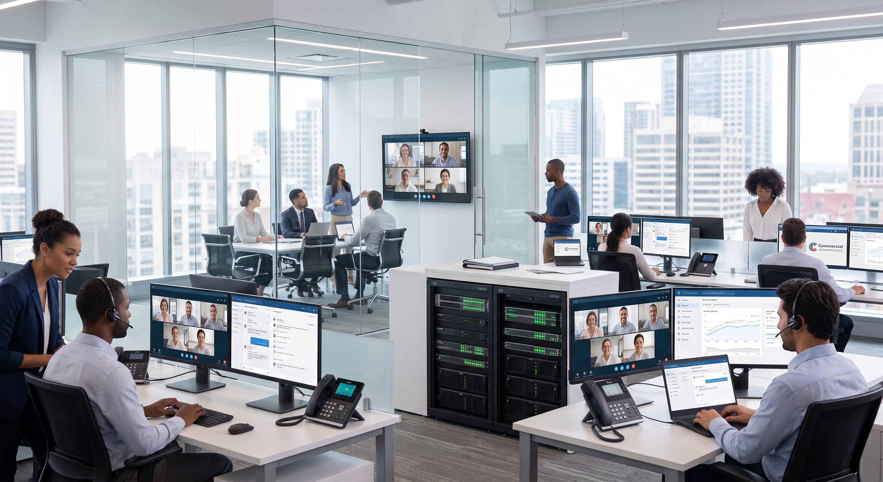 Open-plan office with IP desk phones, workstations and video conferencing screens