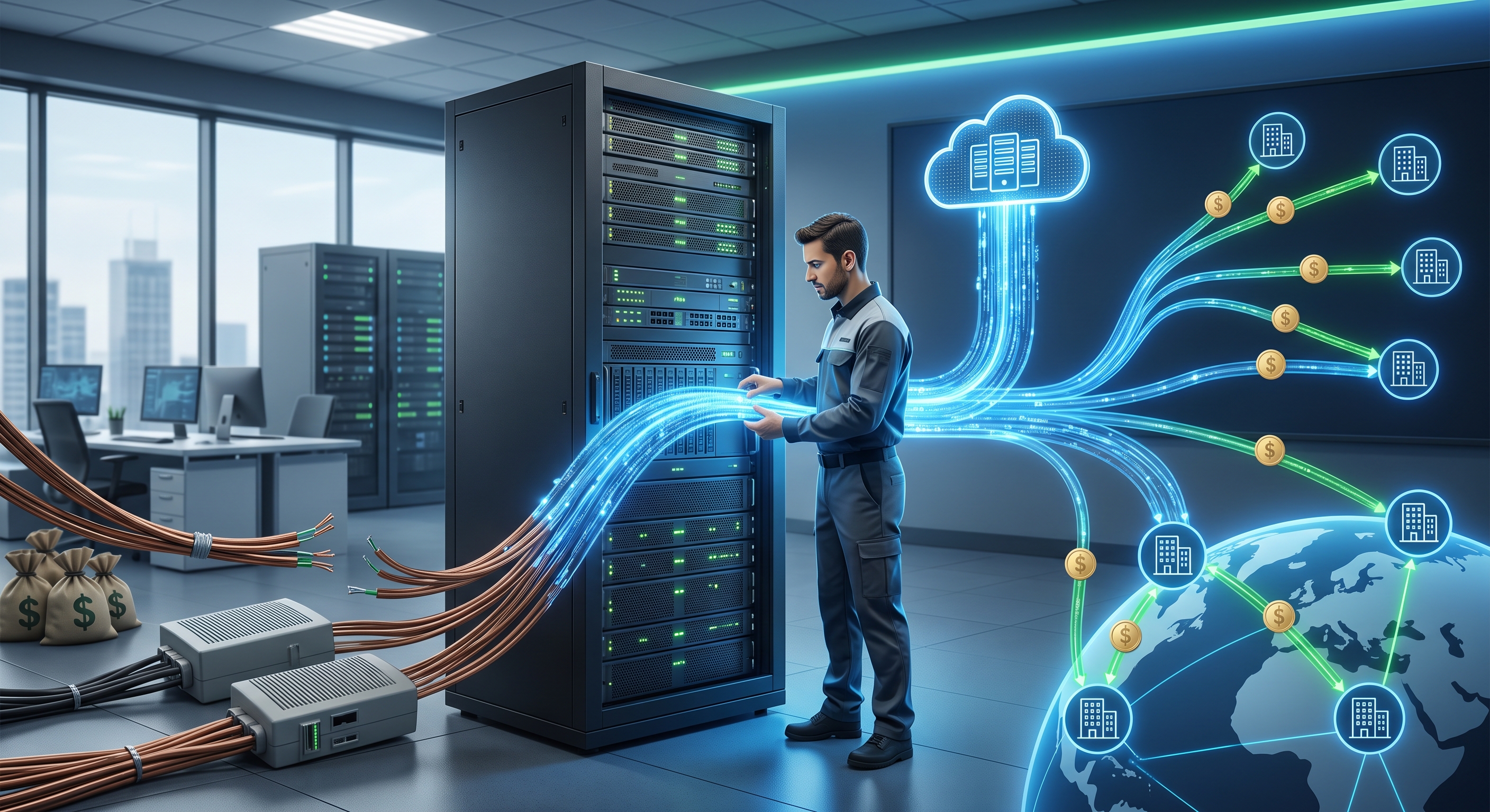 Technician working on network and server equipment