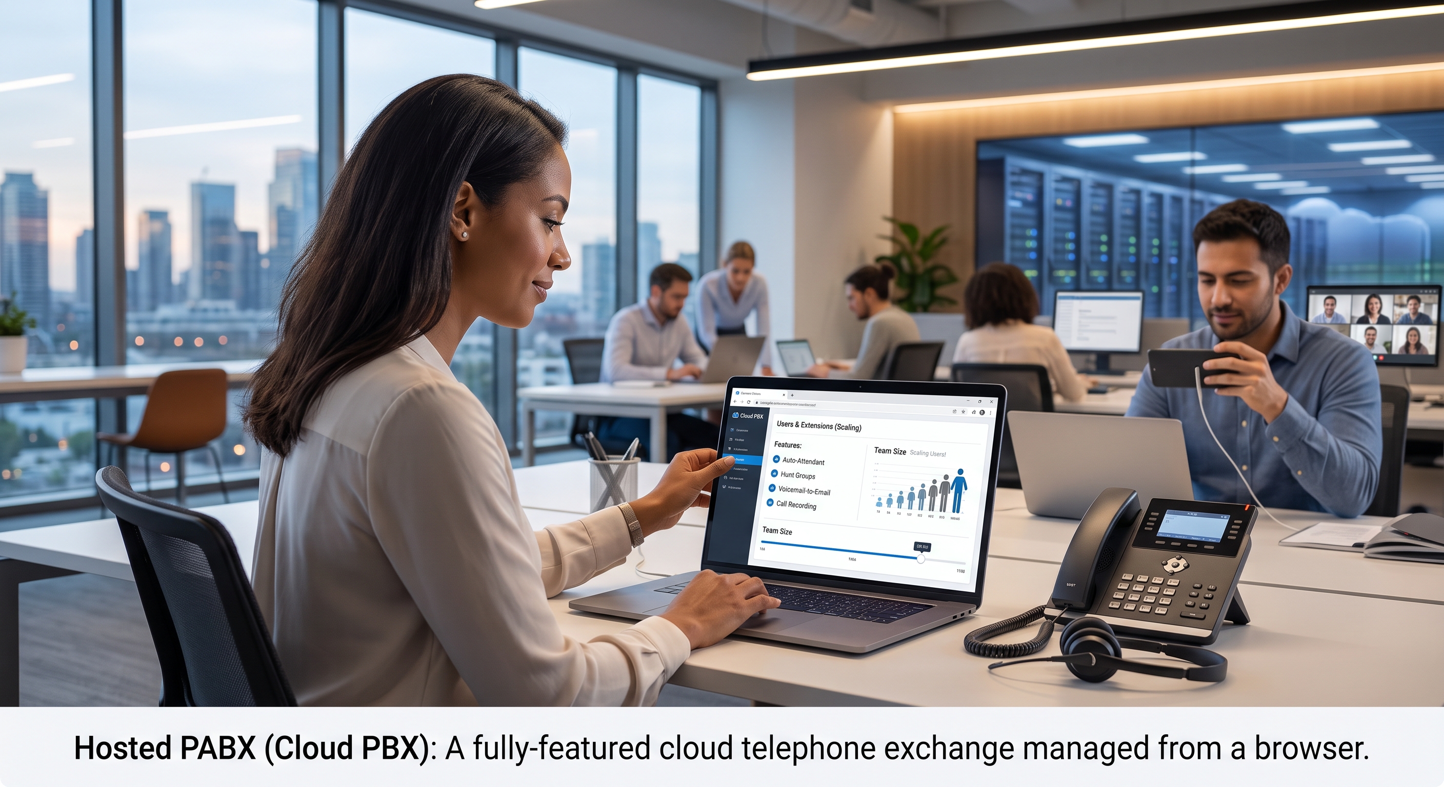 Office worker at a laptop with an IP PBX desk phone beside her